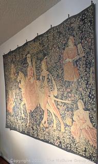 La Noble Amazone Reproduction Wall Tapestry - Tells The Tale Of A Noble Lady On Horseback Traveling In The Company Of A Young Lord.  Measures 74w x 55.5"h