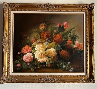 Gilt Framed Original Oil on Canvas of Still Life with Flowers Signed by Artist. Measures 26.5 x 30"