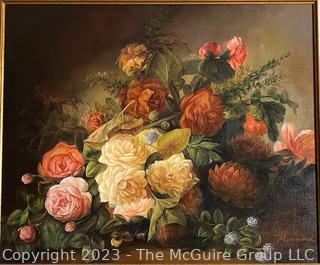 Gilt Framed Original Oil on Canvas of Still Life with Flowers Signed by Artist. Measures 26.5 x 30"