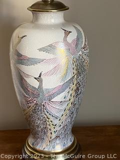 Vintage Frederick Cooper Hand Painted Peacock Ginger Jar Table Lamp. Measures 32" Tall