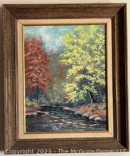 Framed Oil on Board of Landscape Titled "Stepping Stones" Signed by Artist Barbara Kirchner, 1969.  Measures 20 x 24"