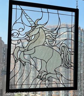 Framed Clear Bevel Stained Glass Window of Unicorn.  33" x 37"