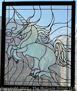 Framed Clear Bevel Stained Glass Window of Unicorn.  33" x 37"