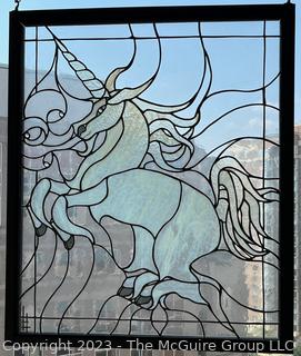 Framed Clear Bevel Stained Glass Window of Unicorn.  33" x 37"