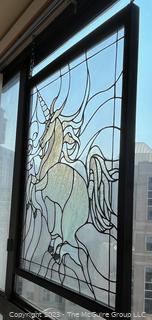 Framed Clear Bevel Stained Glass Window of Unicorn.  33" x 37"