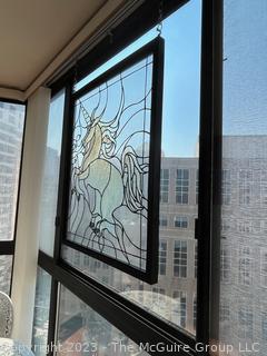 Framed Clear Bevel Stained Glass Window of Unicorn.  33" x 37"