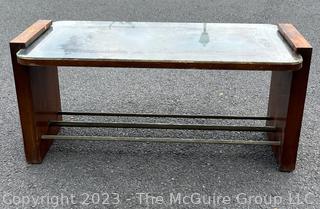 Art Deco Wood with Mirror Inset Top Coffee Table Attributed to Jacques Adnet. Measures 34w x 16d x 16"h