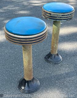 Set of Two (2) Art Deco Chrome & Blue Vinyl Soda Fountain Stools. Measures 12w x 25.5"h