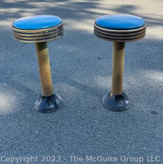 Set of Two (2) Art Deco Chrome & Blue Vinyl Soda Fountain Stools. Measures 12w x 25.5"h