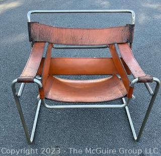 Marcel Breuer Wassily Style Leather Strap Chair.  Damaged. Straps need repair.   Measures 28w x 31d x 28.5"h