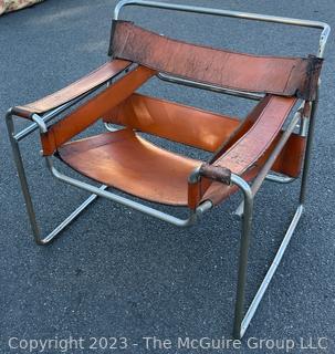 Marcel Breuer Wassily Style Leather Strap Chair.  Damaged. Straps need repair.   Measures 28w x 31d x 28.5"h