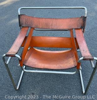 Marcel Breuer Wassily Style Leather Strap Chair.  Damaged. Straps need repair.   Measures 28w x 31d x 28.5"h