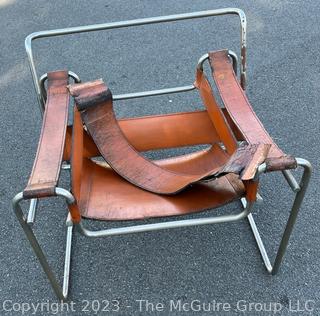 Marcel Breuer Wassily Style Leather Strap Chair.  Damaged. Straps need repair.   Measures 28w x 31d x 28.5"h