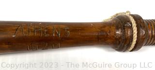 Police Officer's Wooden Baton or Billy Club Carved Athens 1920 On Side with Officers Initials Carved on Handle Base AK.  Measures 16.5" long