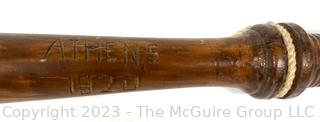 Police Officer's Wooden Baton or Billy Club Carved Athens 1920 On Side with Officers Initials Carved on Handle Base AK.  Measures 16.5" long