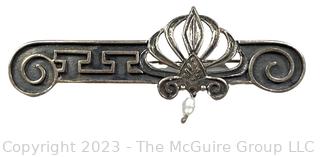 Art Nouveau Sterling Silver Lotus With Fresh Water Pearl Bar Brooch.  Makers mark on back. 8.6g