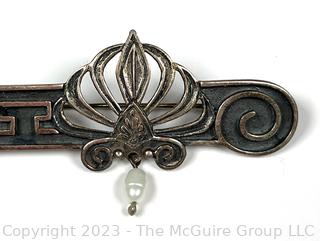 Art Nouveau Sterling Silver Lotus With Fresh Water Pearl Bar Brooch.  Makers mark on back. 8.6g