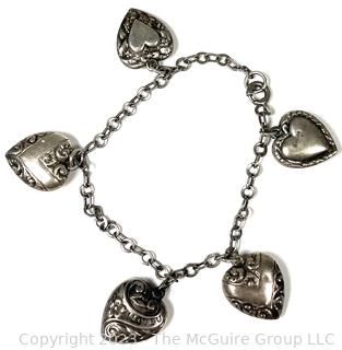 Vintage Sterling Silver Puffy Sweetheart Heart Charm Bracelet. 8.5 grams