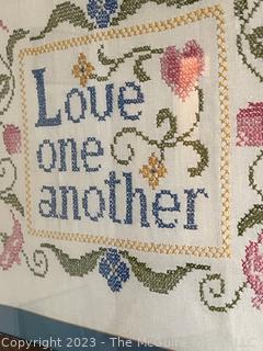 Framed Under Glass Hand Made Cross Stitch "Love One Another" 