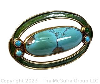 Antique Tiffany & Co. Art Nouveau Gold with Stone Center and Enamel Surround Brooch.  Tested 18kt.  12.5 grams total weight