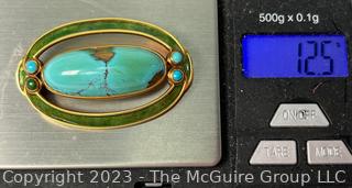 Antique Tiffany & Co. Art Nouveau Gold with Stone Center and Enamel Surround Brooch.  Tested 18kt.  12.5 grams total weight