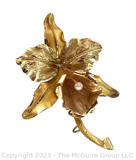 14kt Yellow Gold Daffodil Flower Brooch.  8.9 grams