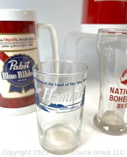 Group of Brewiana Including Beer Glasses and Steins and National Bohemian Box. 