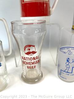 Group of Brewiana Including Beer Glasses and Steins and National Bohemian Box. 