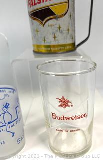 Group of Brewiana Including Beer Glasses and Steins and National Bohemian Box. 