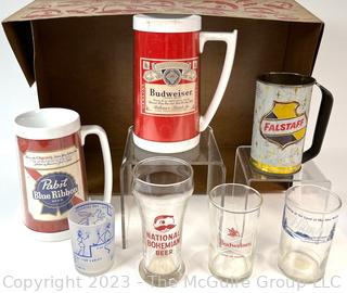 Group of Brewiana Including Beer Glasses and Steins and National Bohemian Box. 