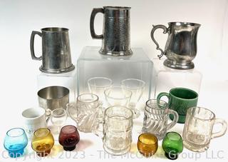 Group of Vintage Beer Mugs and Steins in Glass and Pewter.