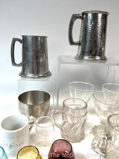 Group of Vintage Beer Mugs and Steins in Glass and Pewter.