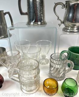 Group of Vintage Beer Mugs and Steins in Glass and Pewter.