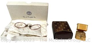 Spectacles, Leather Card Box and Celluloid Jewelry Box