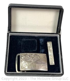 Victorian 950 Sterling Silver Etched Belt Buckle and Tie Clip in Box. 