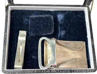 Victorian 950 Sterling Silver Etched Belt Buckle and Tie Clip in Box. 