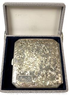 Victorian Flat Sterling Silver Etched Cigarette Case with Hinged Lid and Box. 58.9 grams