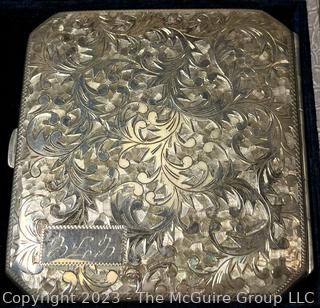 Victorian Flat Sterling Silver Etched Cigarette Case with Hinged Lid and Box. 58.9 grams