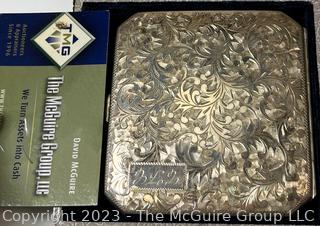 Victorian Flat Sterling Silver Etched Cigarette Case with Hinged Lid and Box. 58.9 grams