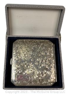 Victorian Flat Sterling Silver Etched Cigarette Case with Hinged Lid and Box. 58.9 grams