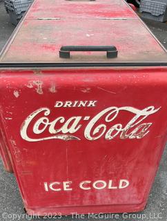 Drink Coca-Cola Large Flip Top Beverage Ice Box Cooler on Wheels.  Motor and compressor have been removed.  26" x 36" x 40"