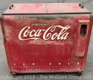 Drink Coca-Cola Large Flip Top Beverage Ice Box Cooler on Wheels.  Motor and compressor have been removed.  26" x 36" x 40"