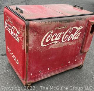 Drink Coca-Cola Large Flip Top Beverage Ice Box Cooler on Wheels.  Motor and compressor have been removed.  26" x 36" x 40"