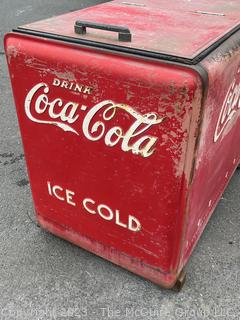 Drink Coca-Cola Large Flip Top Beverage Ice Box Cooler on Wheels.  Motor and compressor have been removed.  26" x 36" x 40"