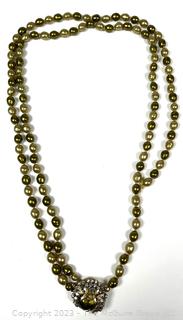 Vintage Double Strand of Faux Green Pearls with Rhinestone Clasp. Broken 