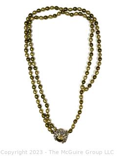 Vintage Double Strand of Faux Green Pearls with Rhinestone Clasp. Broken 