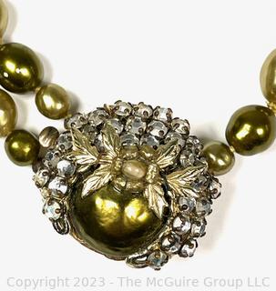 Vintage Double Strand of Faux Green Pearls with Rhinestone Clasp. Broken 