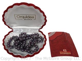 Long Orquidea Grey Hand Knotted Artisan Created Organic Faux Pearl Necklace in Box.  