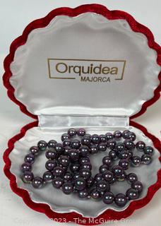 Long Orquidea Grey Hand Knotted Artisan Created Organic Faux Pearl Necklace in Box.  