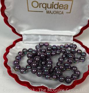 Long Orquidea Grey Hand Knotted Artisan Created Organic Faux Pearl Necklace in Box.  